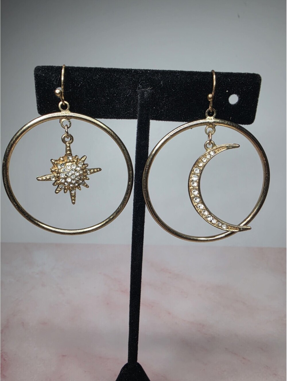 Celestial Gold Hoop Earrings Sunburst Star & Crescent Moon Rhinestone